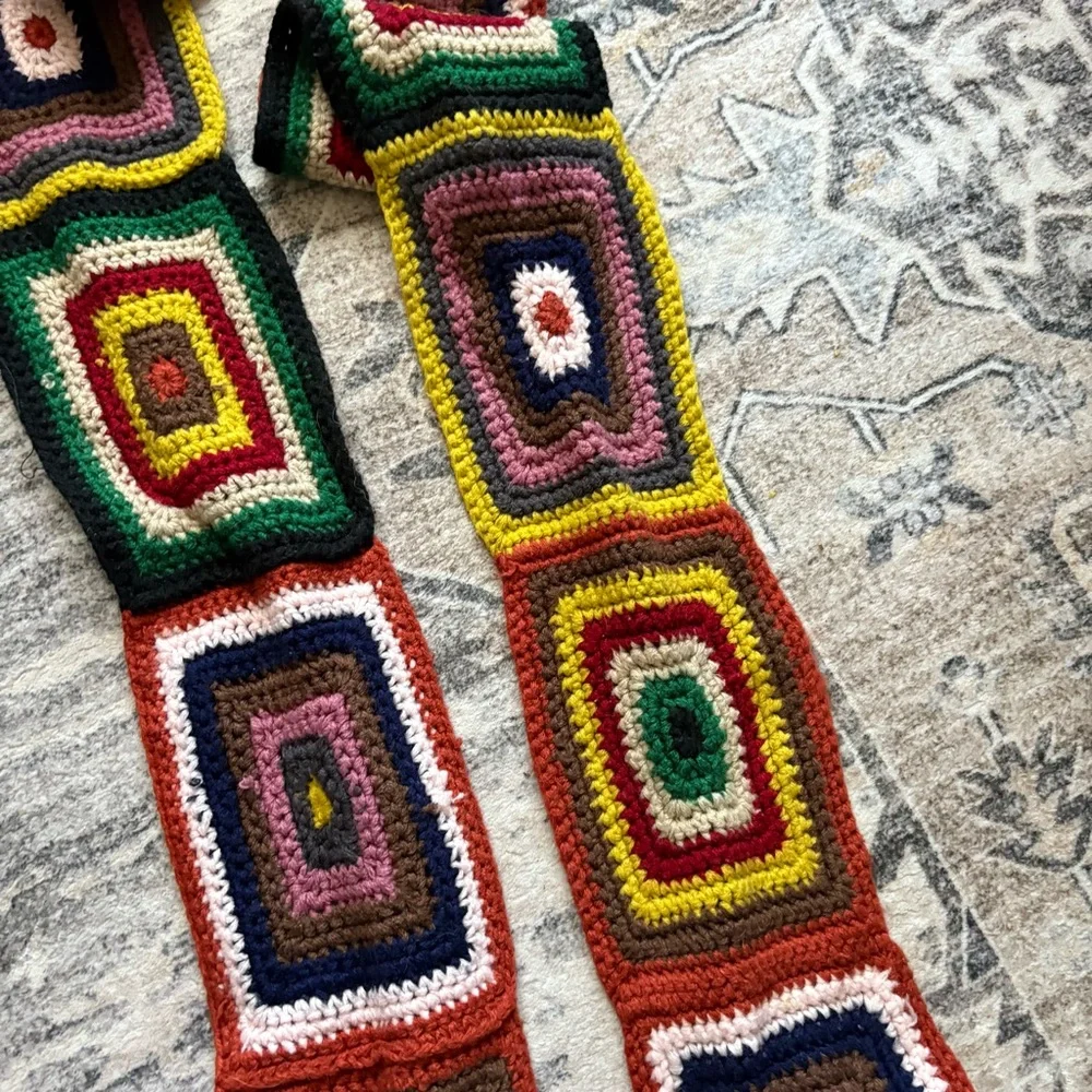 Vintage mossimo Crochet Patchwork Knit Scarf with PomPom trim